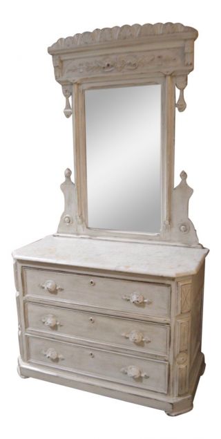 Antique Victorian Style Walnut Marble Top Dresser W/mirror