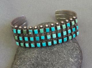 Old Vintage Native American Silver Stamped Square Turquoise 3 Row Cuff Bracelet