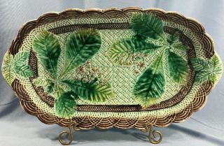 Rare Antique Villeroy & Boch Majolica Platter Server Basket Chestnut Leaf & Wick