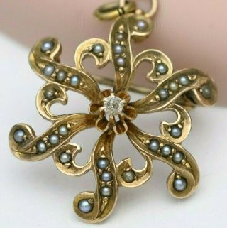 Antique Victorian Edwardian 14k Gold Diamond Seed Pearl Pendant Brooch Pin