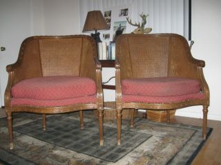 French Provintial Cane Backed Brown Chairs Maroon Acent 2