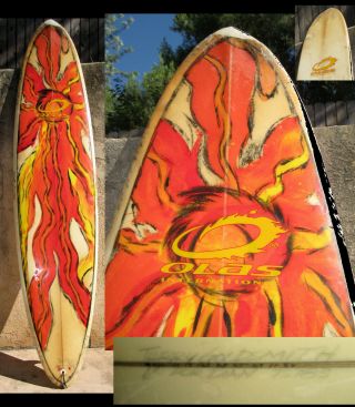 Surfboard Olas Sun Burst Design Board 3 Fin The Wave Vintage Signed By Shaper