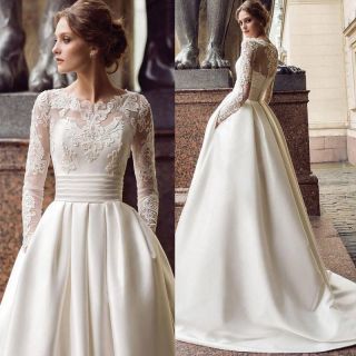 Vintage Long Sleeve Wedding Dresses Boat Neck Appliques Lace Satin Bridal Gown
