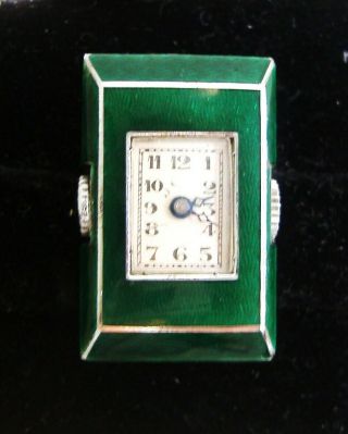 Vintage Art Deco Clip - On Silver Green Enamel Watch 15 Jewel Swiss,  Retail Asprey