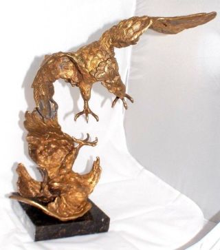 Vintage Large 17 Inch Bronze Eagles Fighting In The Air