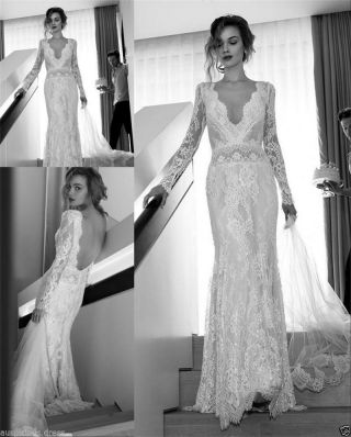 V - Neck Lace Vintage Wedding Dress Long Sleeve White/ivory Bridal Gown Custom
