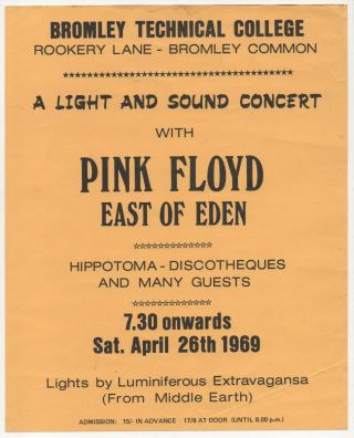 Pink Floyd,  East Of Eden Vintage Concert Flyer For The Man And The Journey Tour.