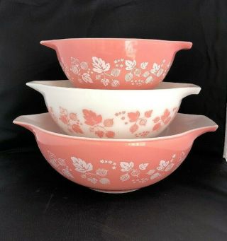 Pyrex Pink Gooseberry Cinderella Mixing Nesting Bowls 444 443 442 Vintage (b1)