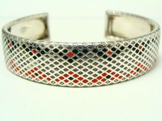 Vintage 925 Sterling Silver Red Black Enamel Cuff Bracelet Snake Skin Pattern