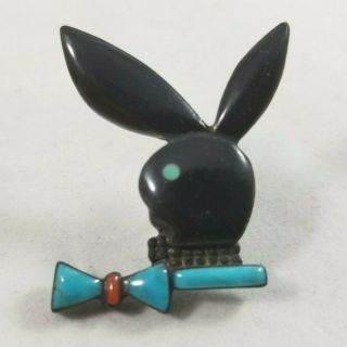 Vintage Native American Playboy Bunny Turquoise Coral Pin Sterling Silver Zuni