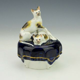 Antique Staffordshire Pottery - Cat Decorated Quill Stand Inkwell Figure