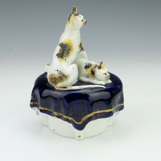 Antique Staffordshire Pottery - Cat Decorated Quill Stand Inkwell Figure 4
