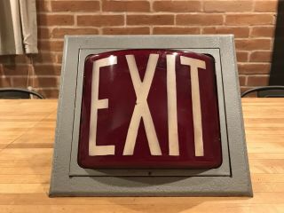 Vintage Art Deco Glass Exit Sign With Red Glass & Cast Iron Frame