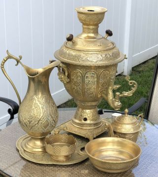 Antique Persian Gold Plated Samovar And Tea Set