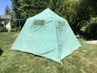 RARE Vtg 50s? 60s? Camp Camping Green Canvas JC HIGGINS UMBRELLA TENT 10 x 12 3