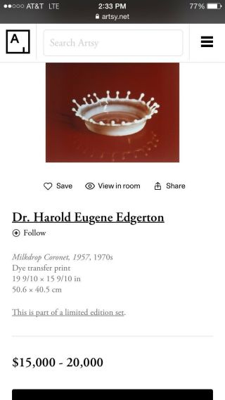 MIT Rare Vintage SIGNED Harold Edgerton 1979 Dye Transfer CORONET MILK DROP 3