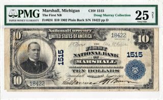 $10 1902 Pb First National Marshall Michigan Mi Rare ( (11 On Census))  Pmg 25 Vf