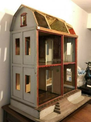 " Mystery Dollhouse " Antique Wood Doll House W/ Inlaid Floors,  Turn Of The 20th C