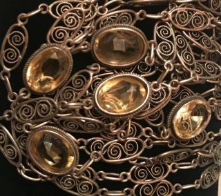 Sterling Silver Antique Vintage Filigree Chain Link 58” Long Citrine Necklace