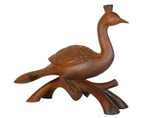 Vintage Hand Carved Wooden Peacock Sitting On Branch Bird Figurine Statue