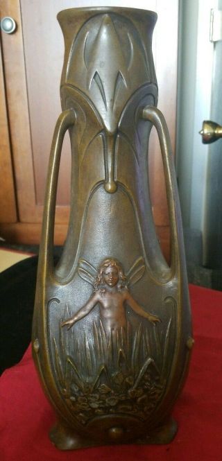 Jean Garnier Signed c.  1900 French Bronze Art Nouveau Fairies 3 Sided Vase 