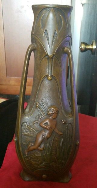 Jean Garnier Signed c.  1900 French Bronze Art Nouveau Fairies 3 Sided Vase 