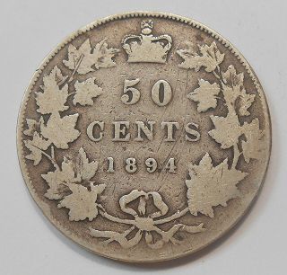 1894 Fifty Cents G - Vg Very Rare Date Queen Victoria Major Key Canada 50¢