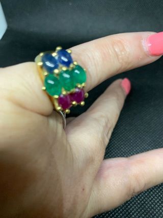 Vtg Rubies Emeralds Sapphires 18k 750 solid yellow gold Ring 10g Size 4 10
