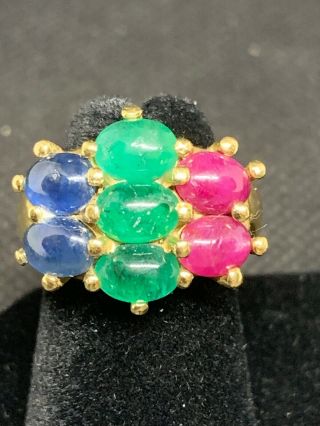 Vtg Rubies Emeralds Sapphires 18k 750 Solid Yellow Gold Ring 10g Size 4