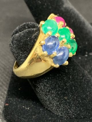 Vtg Rubies Emeralds Sapphires 18k 750 solid yellow gold Ring 10g Size 4 2