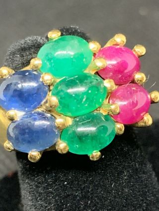 Vtg Rubies Emeralds Sapphires 18k 750 solid yellow gold Ring 10g Size 4 6