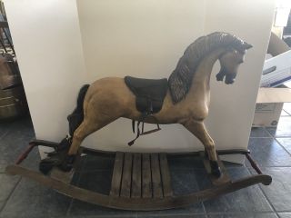 Vintage Large Wooden Platform Rocking Horse Leather Seat