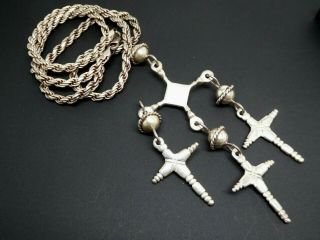Vintage Mexico Three Cross Sterling Silver Large Pendant Necklace 24 " Chain