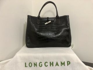 Authentic Longchamp Roseau Exotic Croc Leather Purse Bag In Vintage Dark Brown