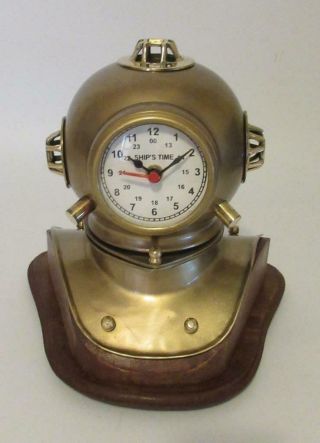 Vintage Style Divers Helmet Table Clock On Wooden Base