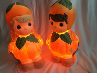 Vtg Precious Moments Halloween Pumpkin Boy & Girl Blow Mold Light Up Set Euc