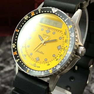 Rare Vintage 1984 Seiko Yellow Dial H556 - 510b Quartz Diver Silver Wave Watch
