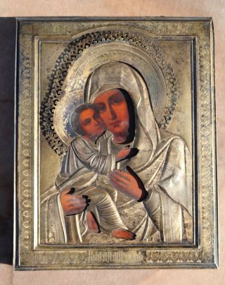 Antique Signed Russian Orthodox Icon Virgin Mary Jesus Painting Silver Riza 1884