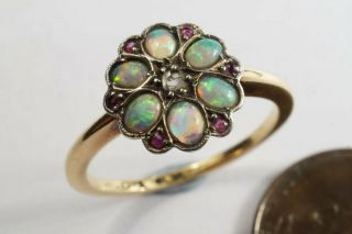 Antique English 18k Gold Opal Ruby & Rose Cut Diamond Daisy Cluster Ring C1920