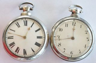 Two Rare English Antique Silver Pair Cases Verge Fusee Pocket Watches