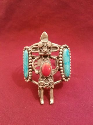 Kd Vintage Navajo Sterling Silver Turquoise /coral Kachina Cuff Bracelet 89.  3g