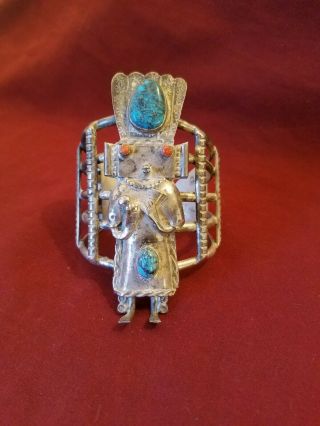 Vintage Navajo Sterling Silver Turquoise Kachina Cuff Bracelet 113.  3gram