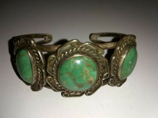 Vintage Sterling Silver & Green Turquoise Navajo Native American Cuff Bracelet