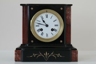 Stunning French Black Slate & Marble Mantel Clock With Red Side Bars C1870