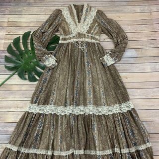 Gunne Sax By Jessica Vintage Prairie Dress Size 7 Brown Paisley Lace Trim Maxi