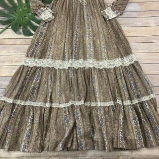 Gunne Sax by Jessica Vintage Prairie Dress Size 7 Brown Paisley Lace Trim Maxi 5