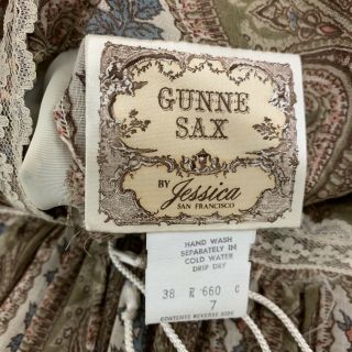 Gunne Sax by Jessica Vintage Prairie Dress Size 7 Brown Paisley Lace Trim Maxi 6