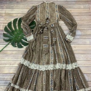 Gunne Sax by Jessica Vintage Prairie Dress Size 7 Brown Paisley Lace Trim Maxi 8