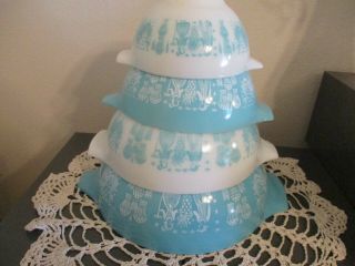 Vintage Pyrex Amish Butterprint Turq.  Nesting Cinderella 4 Pc Mixing Bowl Set