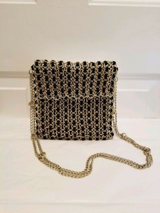 Vtg 1960 Rare Paco Rabbane Silver Woven Chainmail Purse W/ Black Leather Lining